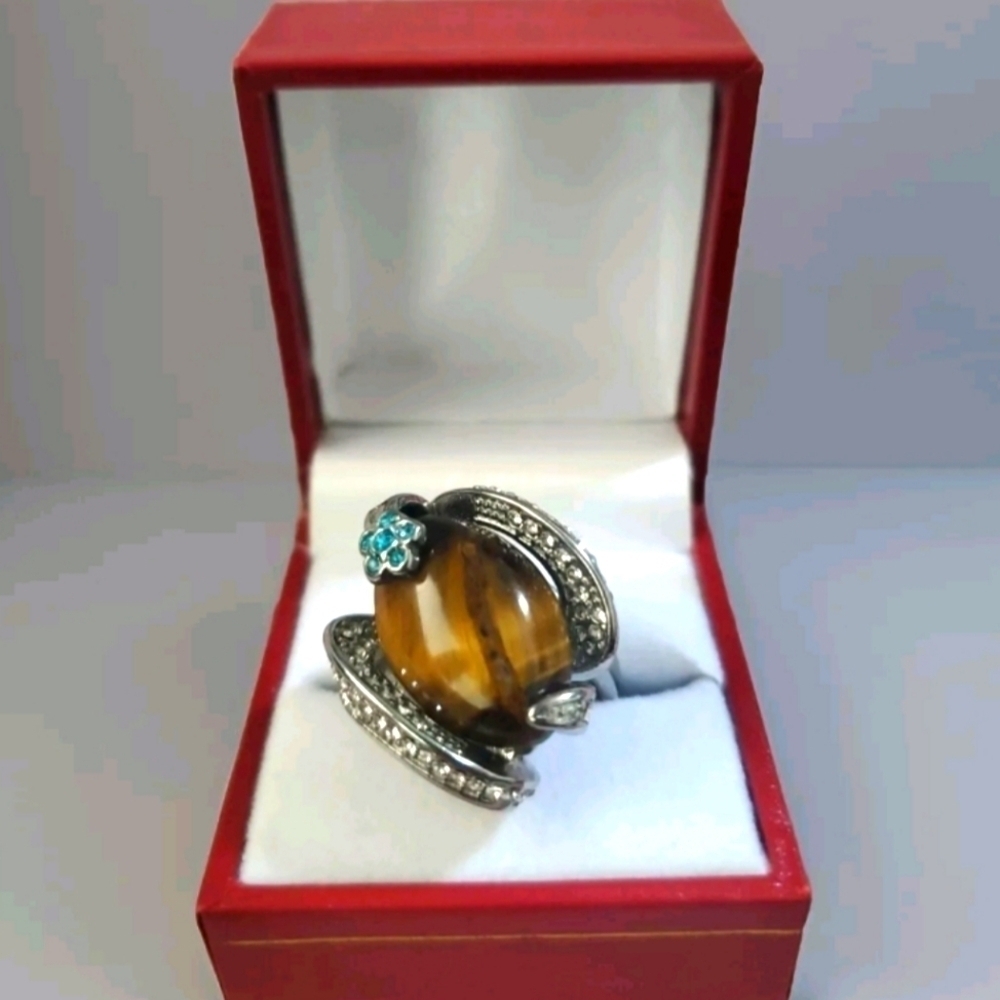 STS Tiger's Eye Austrian Crystal Ring Stainless Steel